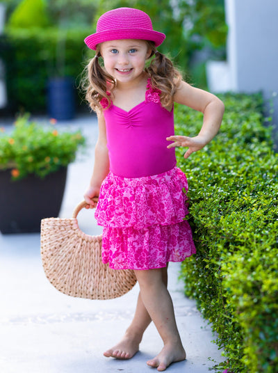 Toddler Spring Outfits | Girls Pink Ribbed Top & Tiered Skirt Set 