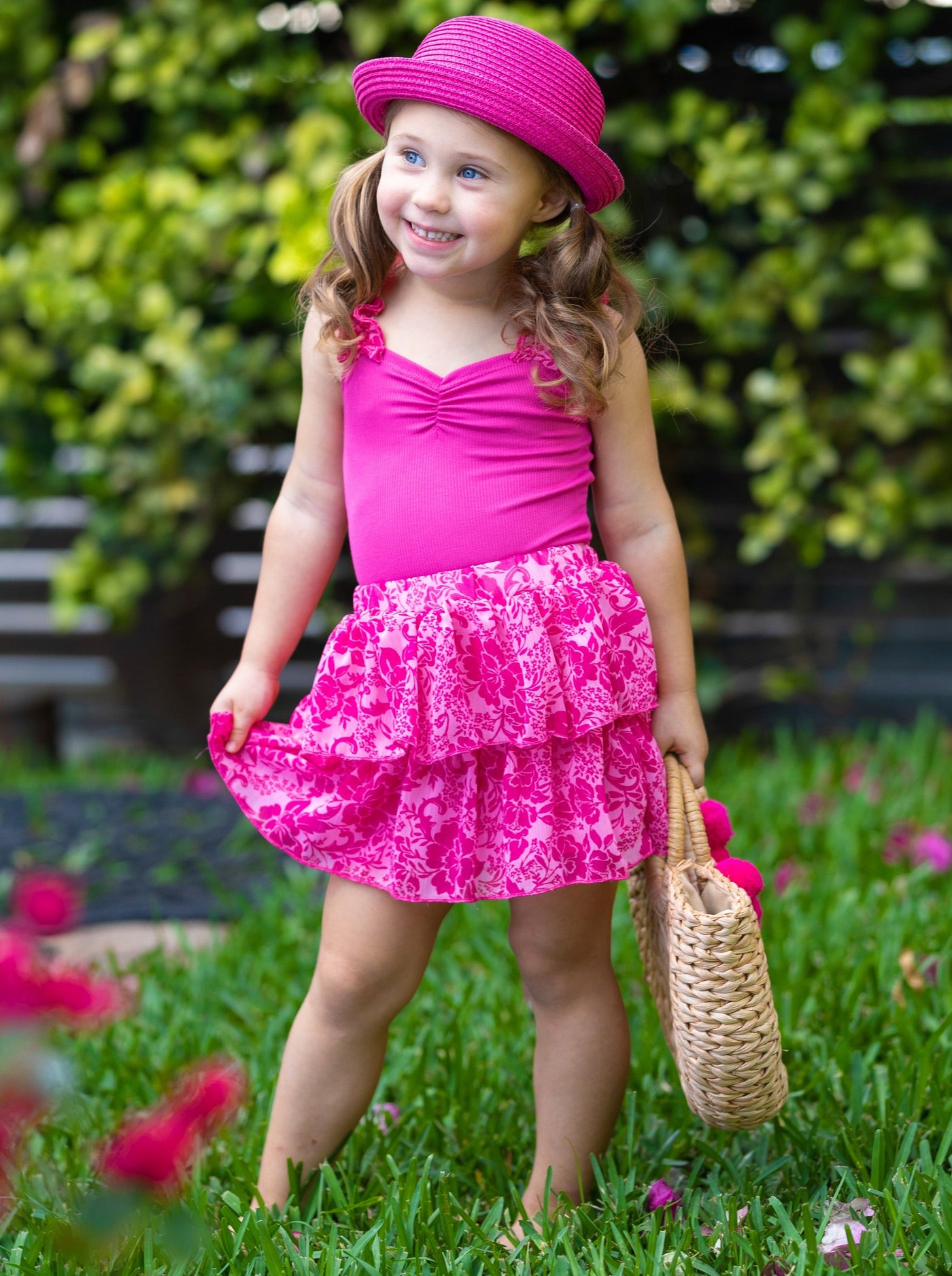 Toddler Spring Outfits | Girls Pink Ribbed Top & Tiered Skirt Set 