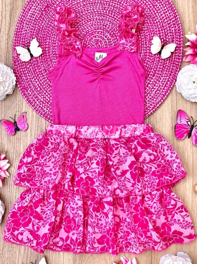 Toddler Spring Outfits | Girls Pink Ribbed Top & Tiered Skirt Set 