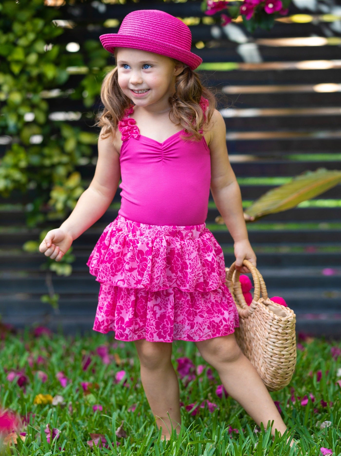 Toddler Spring Outfits | Girls Pink Ribbed Top & Tiered Skirt Set 