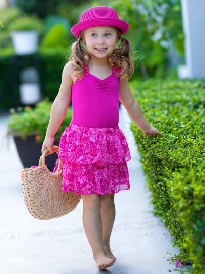 Toddler Spring Outfits | Girls Pink Ribbed Top & Tiered Skirt Set 
