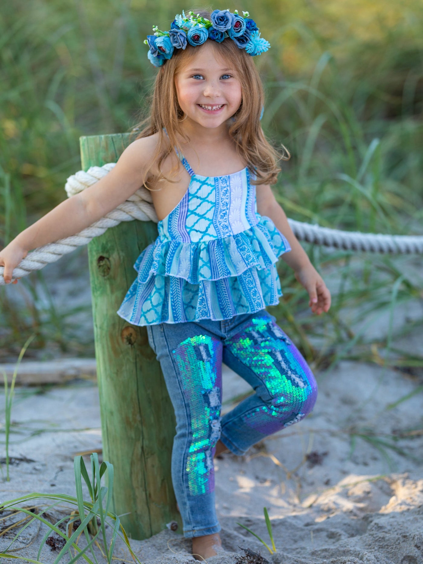 Girls Spring & Summer Casual Sets | Teal Halter Top & Sequin Denim Set