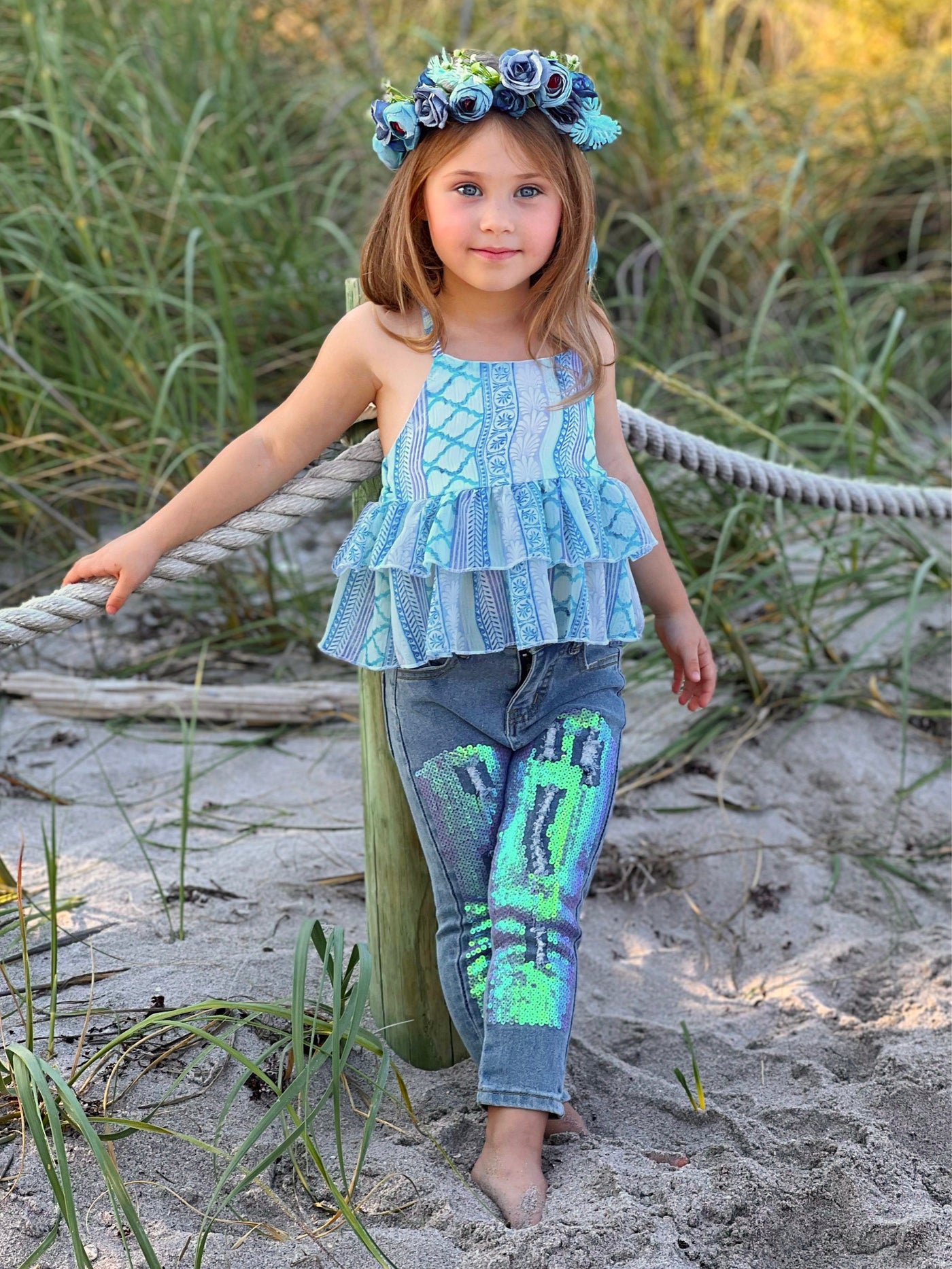 Girls Spring & Summer Casual Sets | Teal Halter Top & Sequin Denim Set