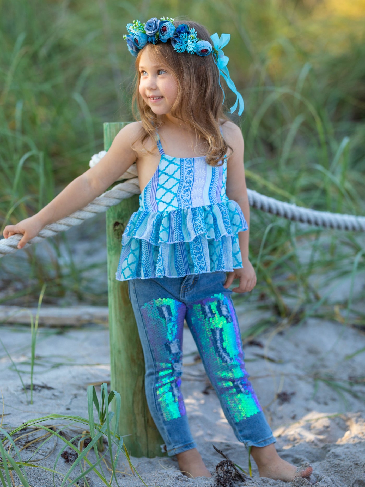 Girls Spring & Summer Casual Sets | Teal Halter Top & Sequin Denim Set