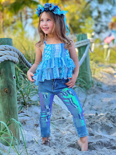 Girls Spring & Summer Casual Sets | Teal Halter Top & Sequin Denim Set