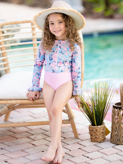 Toddlers Floral Swimsuits | Girls Cute Floral Rash Guard Swimsuit