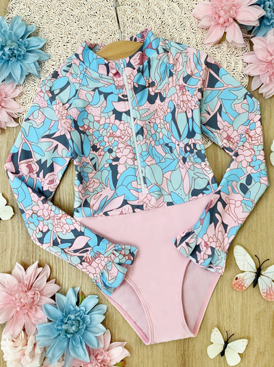 Toddlers Floral Swimsuits | Girls Cute Floral Rash Guard Swimsuit