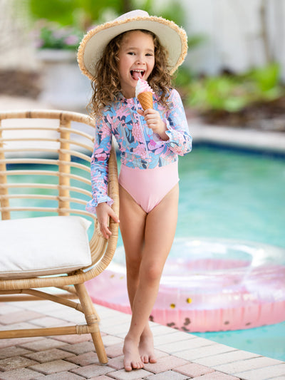 Toddlers Floral Swimsuits | Girls Cute Floral Rash Guard Swimsuit