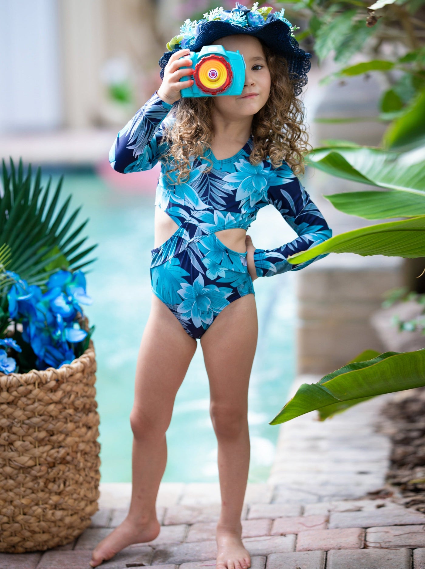 Little Girls Swimwear | Tropical Print Side Cutout Rash Guard Swimsuit