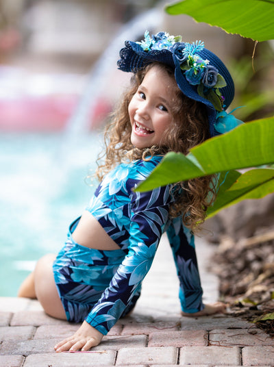 Little Girls Swimwear | Tropical Print Side Cutout Rash Guard Swimsuit