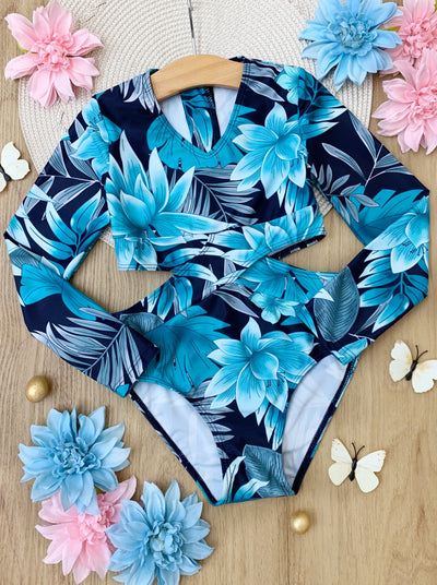 Little Girls Swimwear | Tropical Print Side Cutout Rash Guard Swimsuit