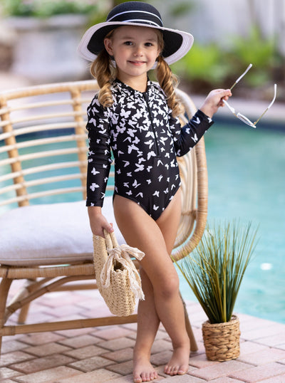 Little Girls Swimwear | Butterfly Long Sleeve Rash Guard One Piece