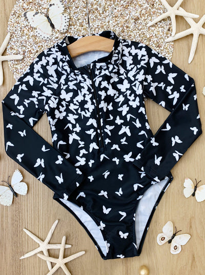 Little Girls Swimwear | Butterfly Long Sleeve Rash Guard One Piece