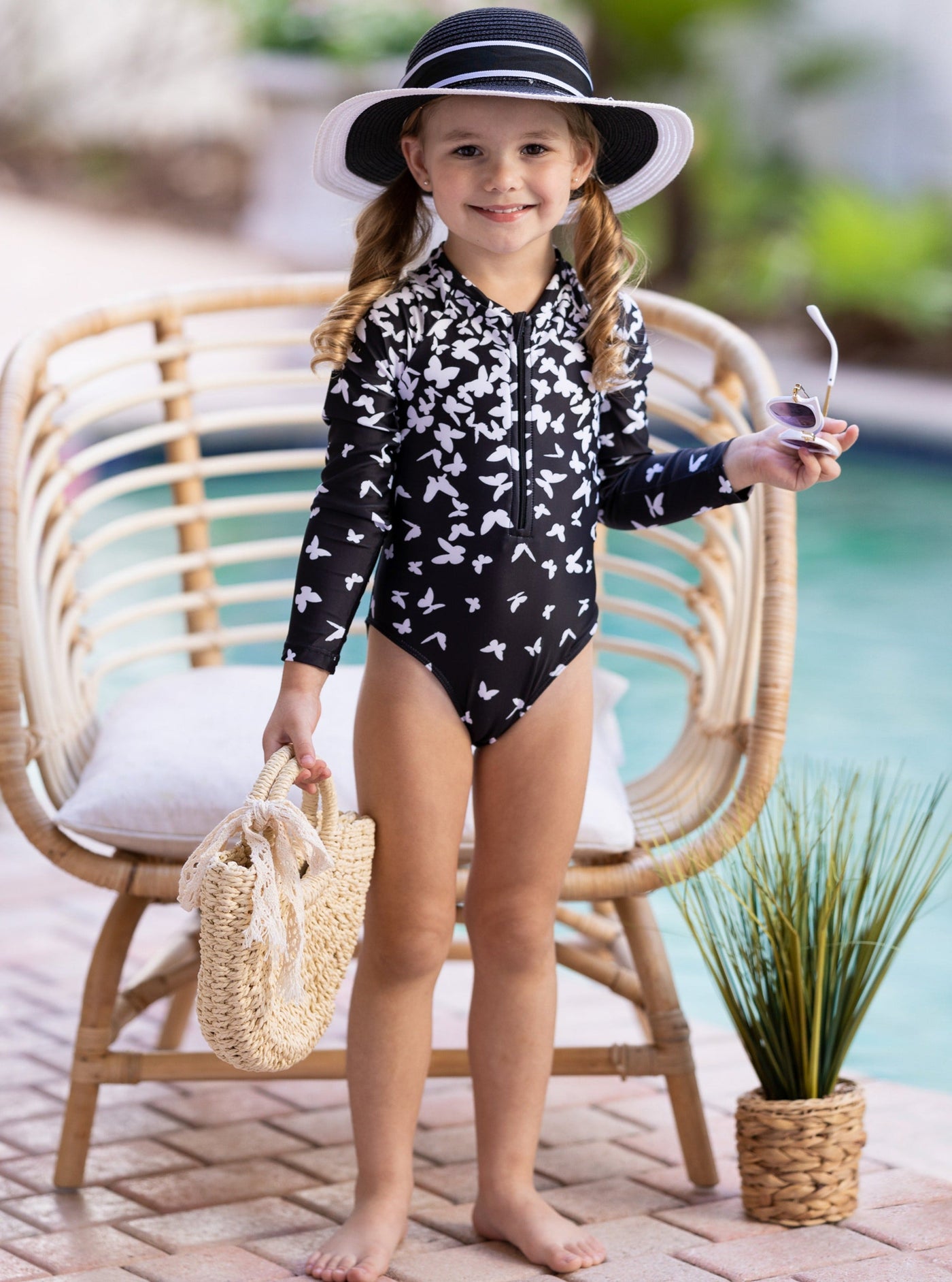 Little Girls Swimwear | Butterfly Long Sleeve Rash Guard One Piece
