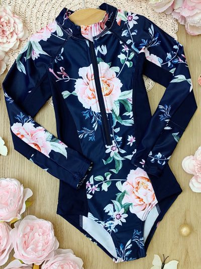 Little Girls Swimwear | Toddler Rose One Piece Rash Guard Swimsuit