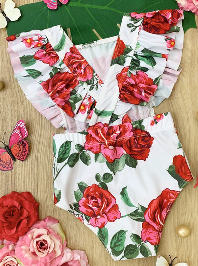 One Piece Girls Swimsuit | Rose Flutter Sleeve Open Side Swimsuit