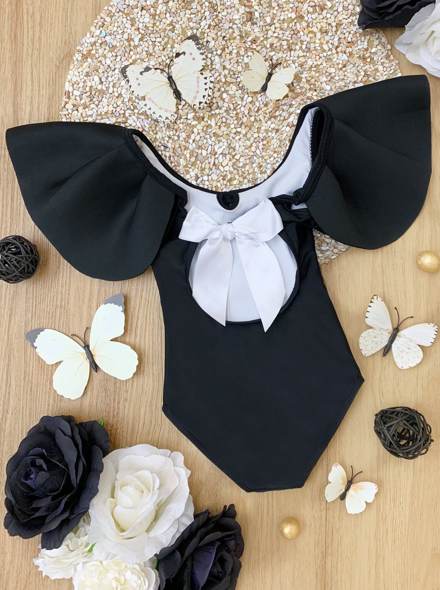 Kids Swimsuits | Girls Ruffled Shoulder Black One Piece Swimsuit