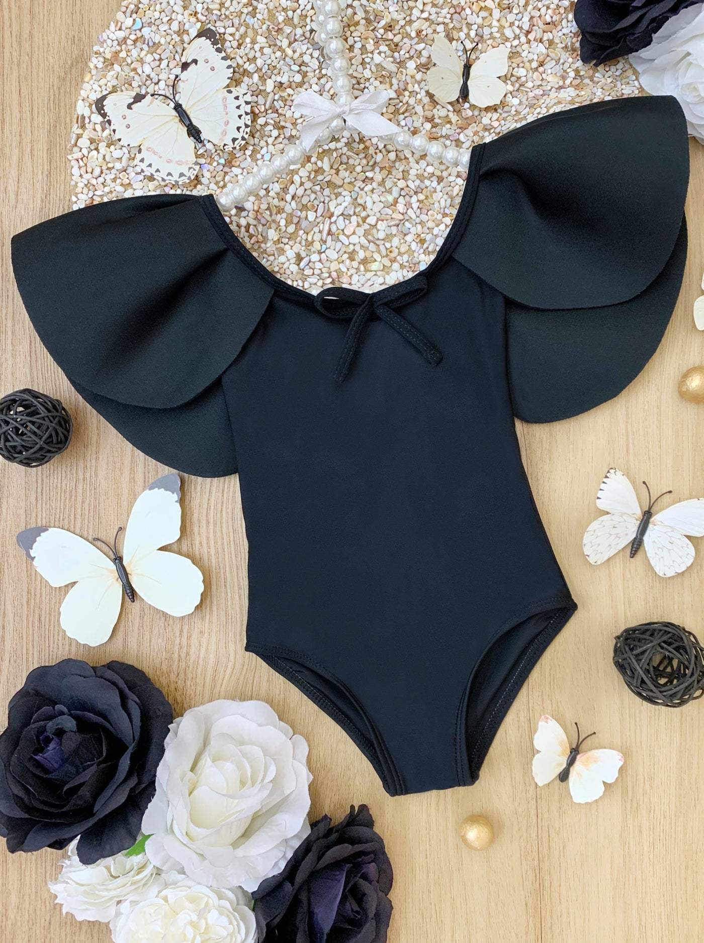 Kids Swimsuits | Girls Ruffled Shoulder Black One Piece Swimsuit