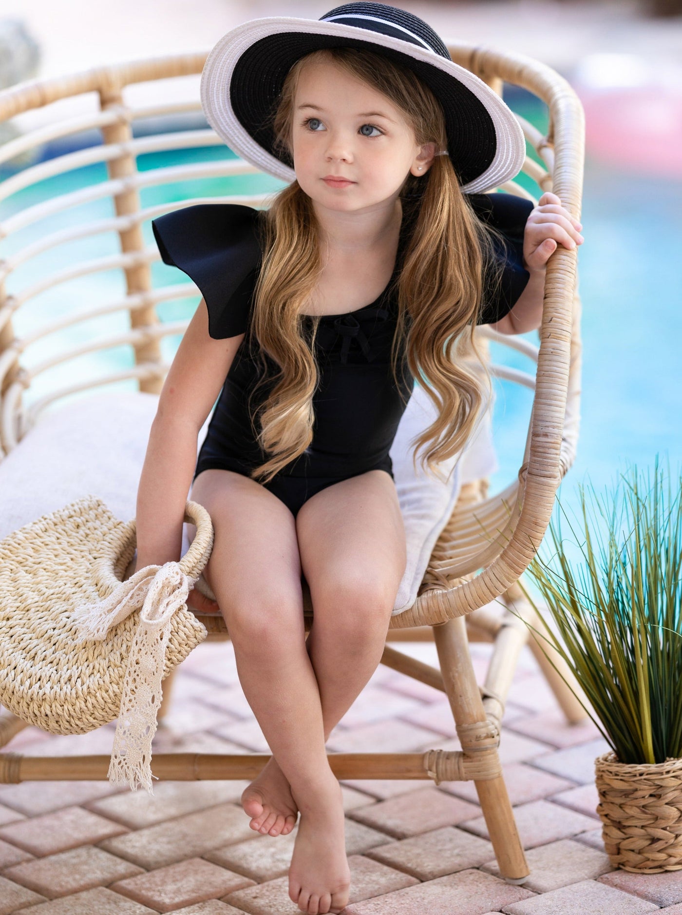 Kids Swimsuits | Girls Ruffled Shoulder Black One Piece Swimsuit