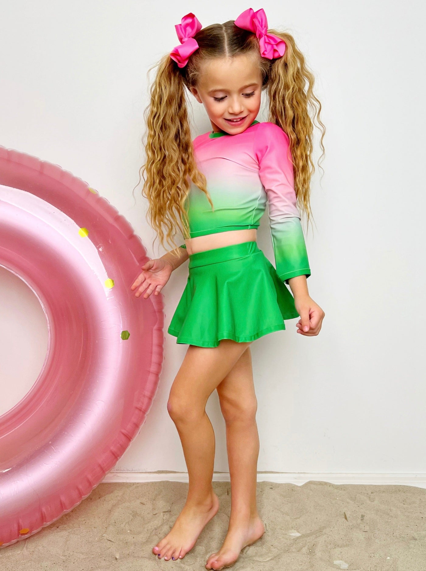 Toddler Swimwear | Girls Pink Green Gradient Skirt Two Piece Swimsuit