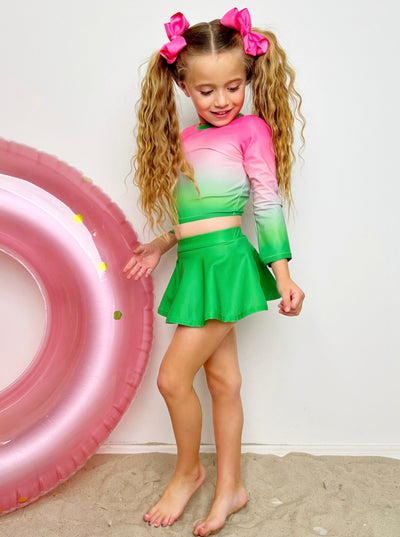 Toddler Swimwear | Girls Pink Green Gradient Skirt Two Piece Swimsuit