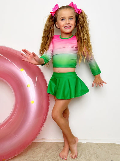 Toddler Swimwear | Girls Pink Green Gradient Skirt Two Piece Swimsuit
