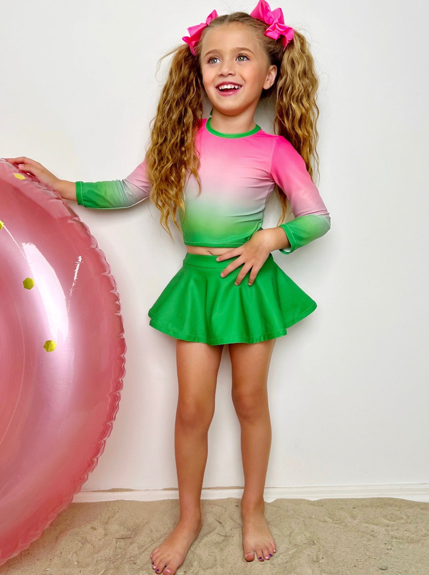 Toddler Swimwear | Girls Pink Green Gradient Skirt Two Piece Swimsuit