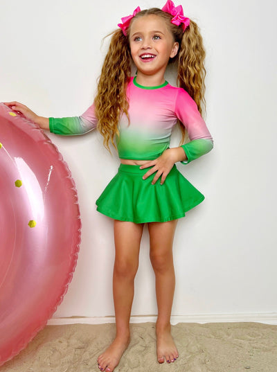 Toddler Swimwear | Girls Pink Green Gradient Skirt Two Piece Swimsuit