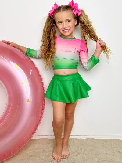Toddler Swimwear | Girls Pink Green Gradient Skirt Two Piece Swimsuit