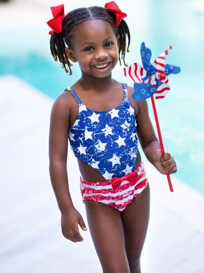 Cute Toddler Swimwear | Little Girls US Flag Open Side Piece Swimsuit