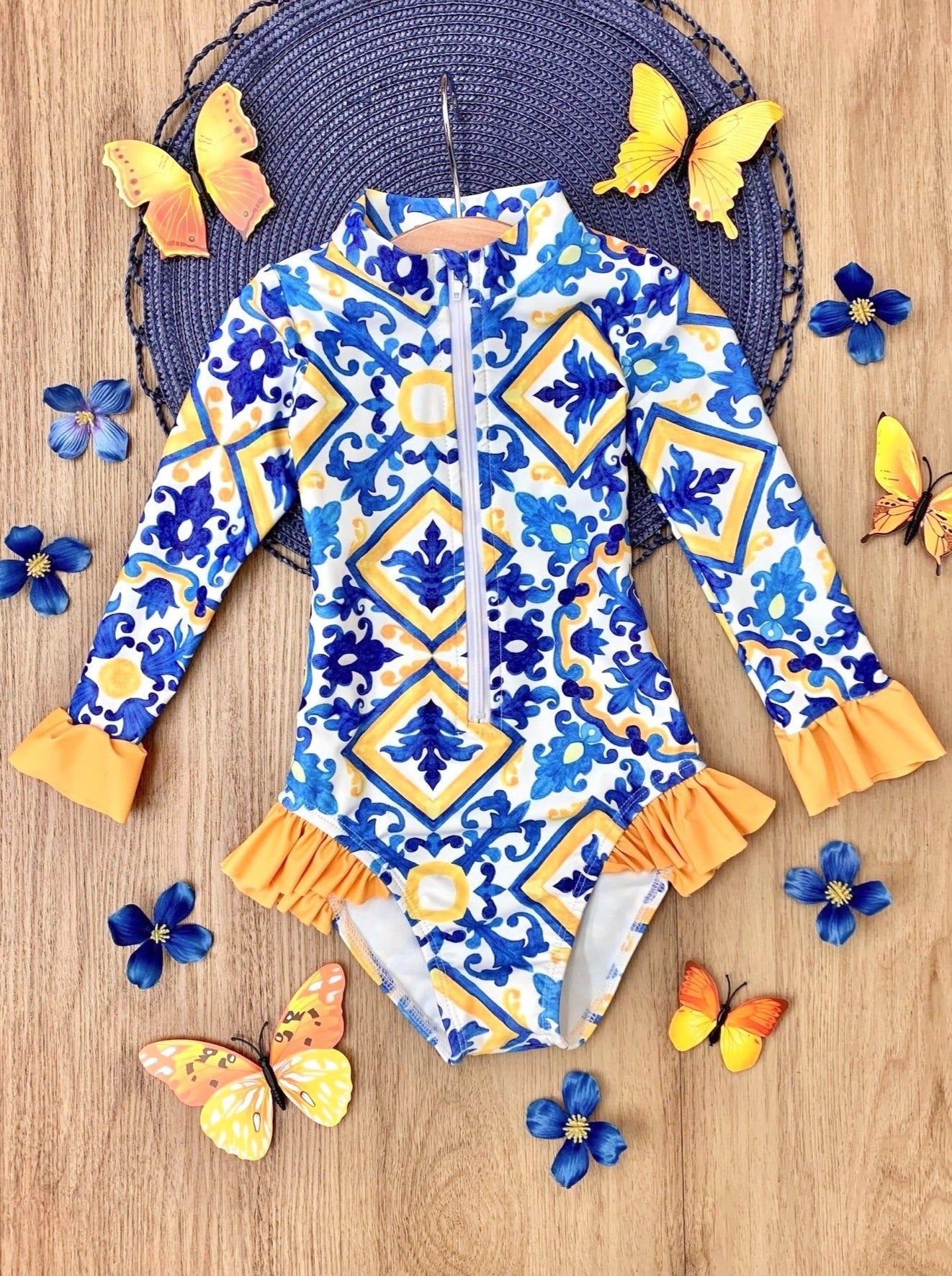 Cute Toddler Swimwear | Mediterranean Tile Print One Piece Swimsuit