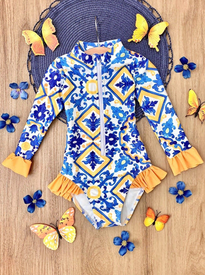 Cute Toddler Swimwear | Mediterranean Tile Print One Piece Swimsuit