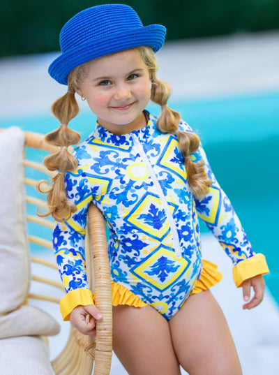 Cute Toddler Swimwear | Mediterranean Tile Print One Piece Swimsuit