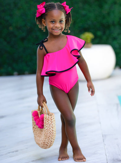 Toddler Swimwear | Girls Ruffle Bib One Shoulder One Piece Swimsuit
