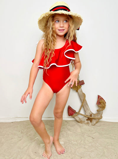 Toddler Swimwear | Girls Ruffle Bib One Shoulder One Piece Swimsuit