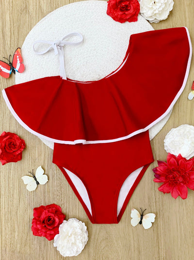 Toddler Swimwear | Girls Ruffle Bib One Shoulder One Piece Swimsuit