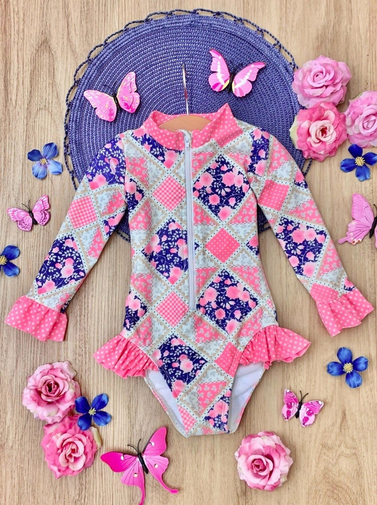 Cute Toddler Swimwear | Girls Pink Floral Patchwork One Piece Swimsuit