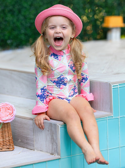 Cute Toddler Swimwear | Girls Pink Floral Patchwork One Piece Swimsuit