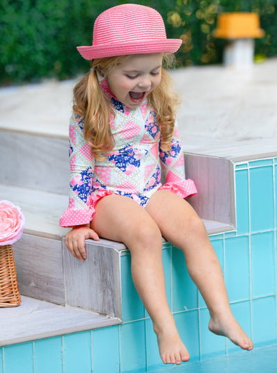 Cute Toddler Swimwear | Girls Pink Floral Patchwork One Piece Swimsuit