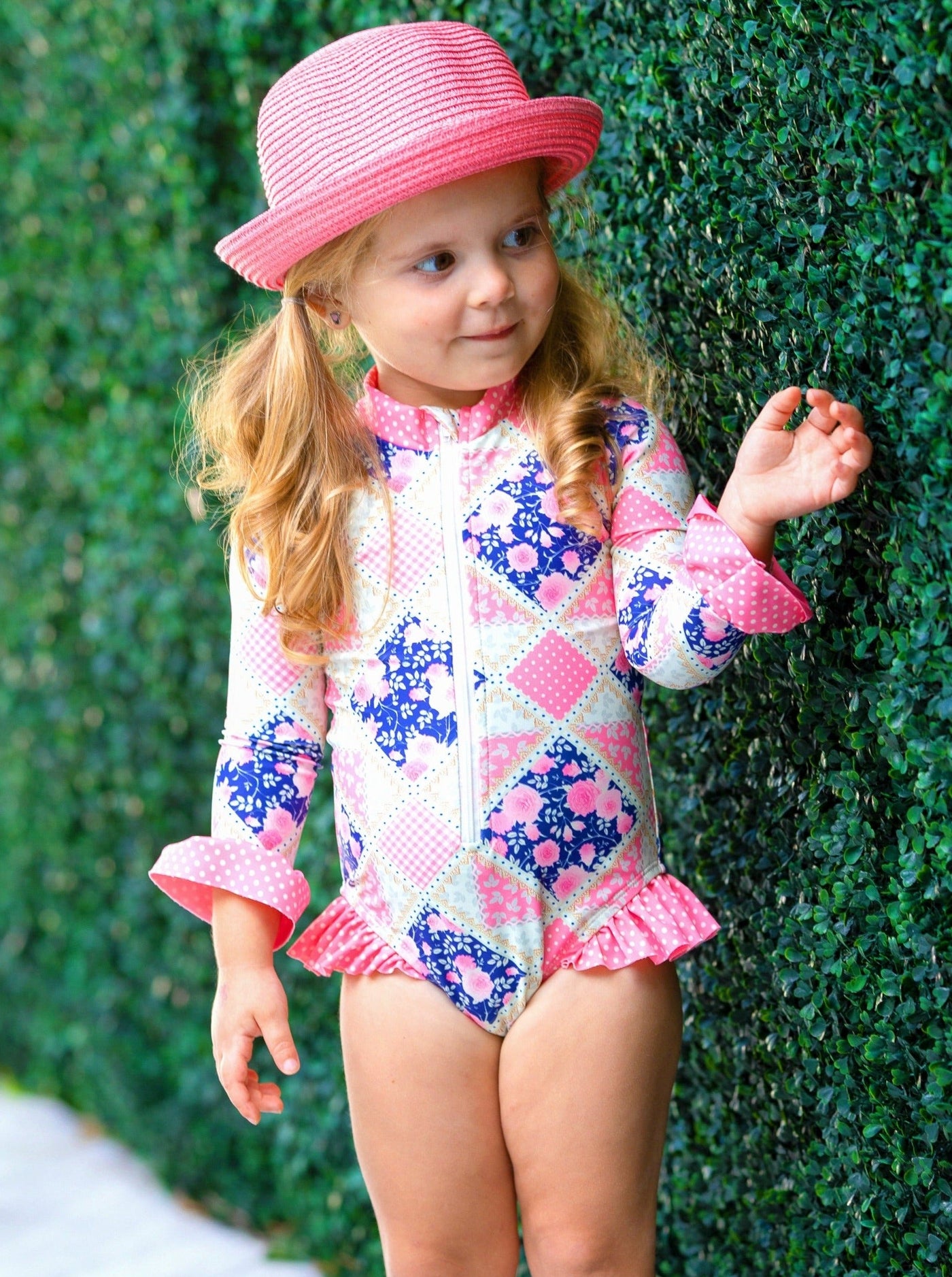 Cute Toddler Swimwear | Girls Pink Floral Patchwork One Piece Swimsuit