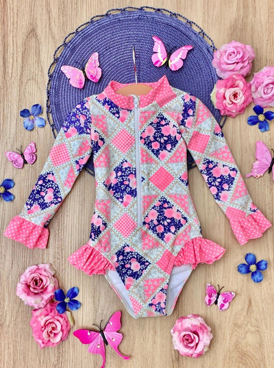 Cute Toddler Swimwear | Girls Pink Floral Patchwork One Piece Swimsuit