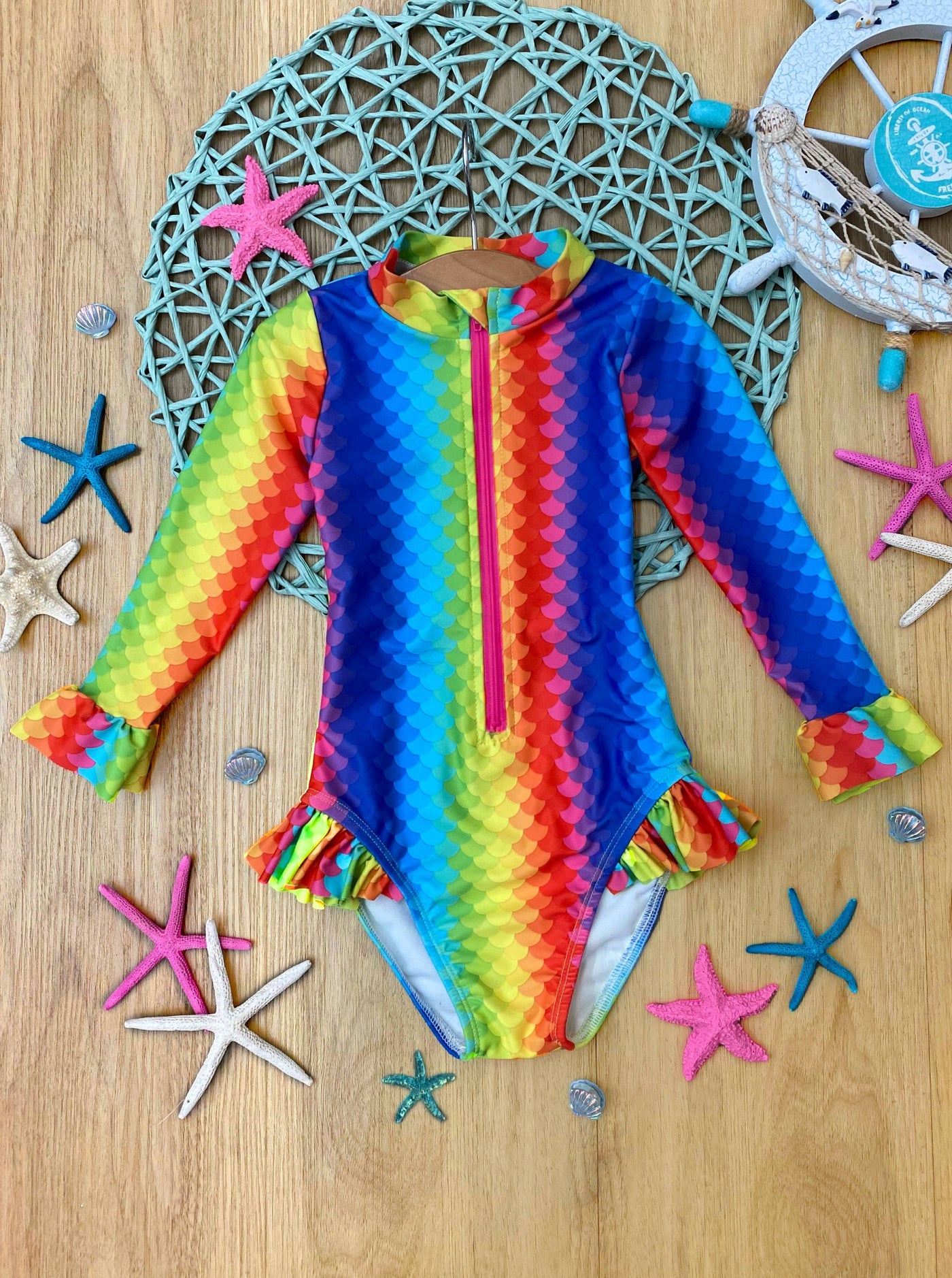 Cute Toddler Swimwear | Little Girls Rainbow Scale One Piece Swimsuit