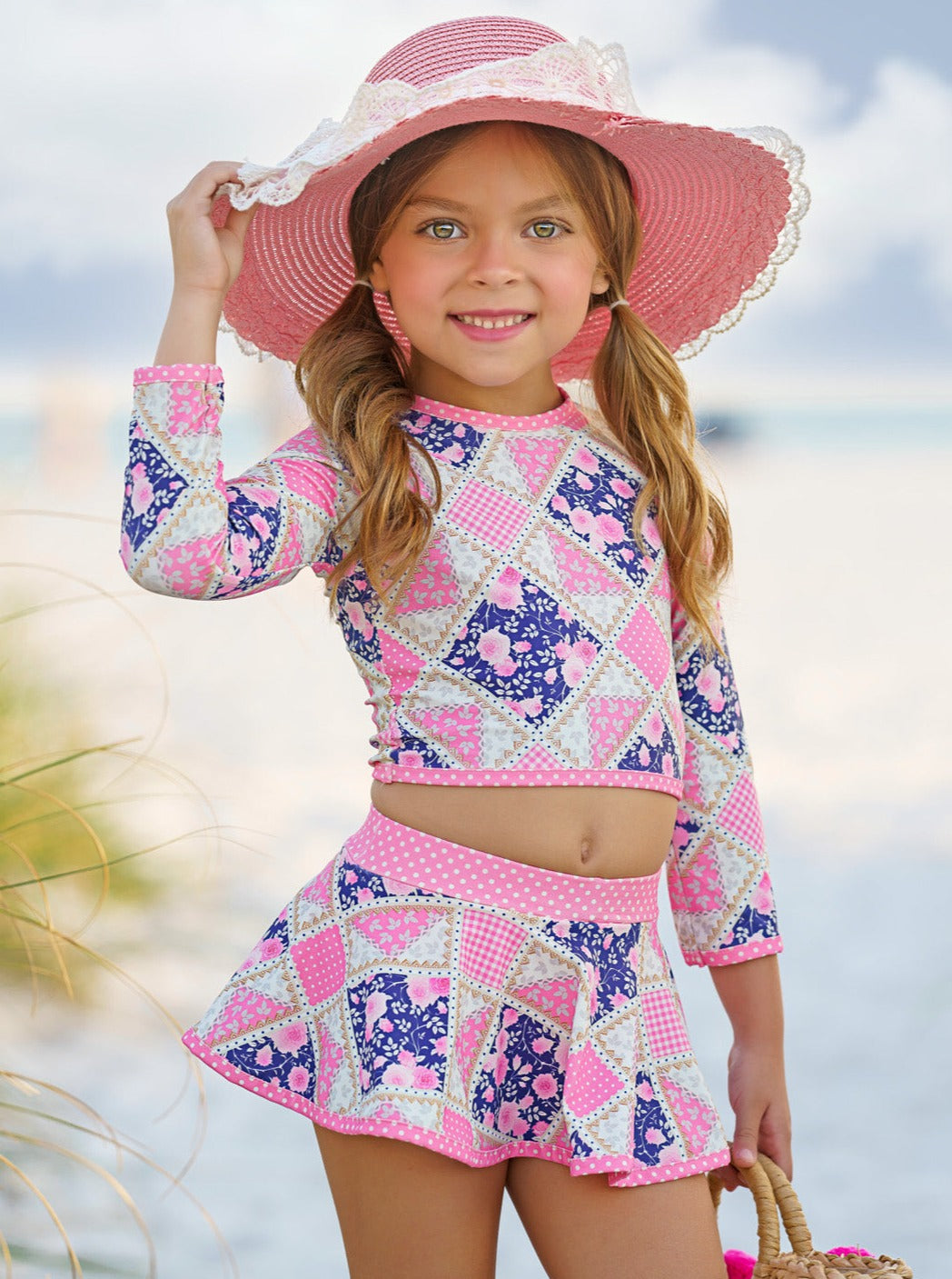Cute Kids Swimsuit | Girls Vintage Floral Patchwork Two Piece Swimsuit