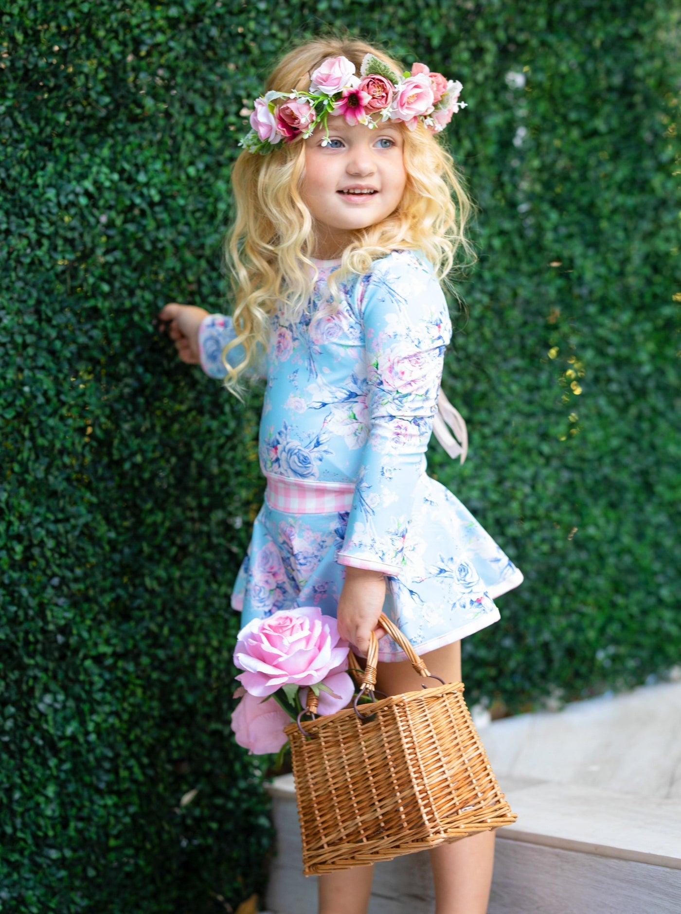 Cute Kids Swimsuits | Girls Blue Floral Patchwork Two Piece Swimsuit