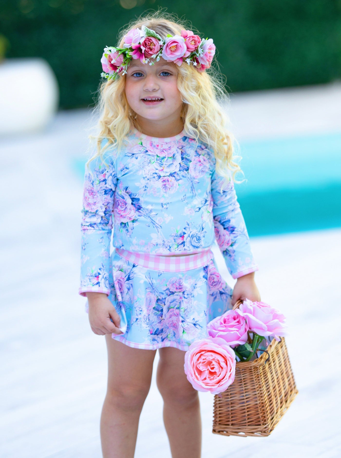 Cute Kids Swimsuits | Girls Blue Floral Patchwork Two Piece Swimsuit