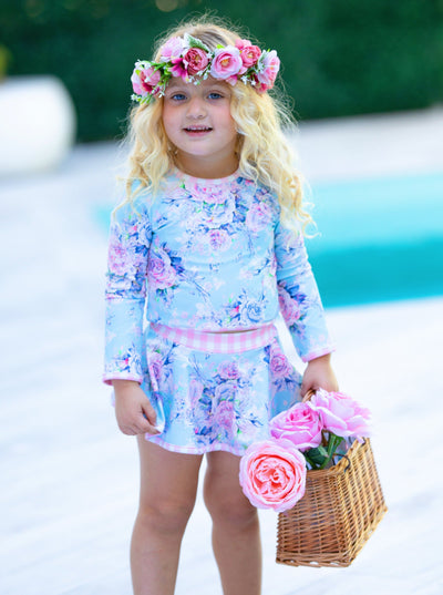 Cute Kids Swimsuits | Girls Blue Floral Patchwork Two Piece Swimsuit