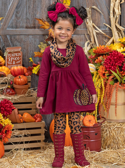 Leopard Print Pumpkin Tunic, Leggings & Scarf Set - Mia Belle Girls