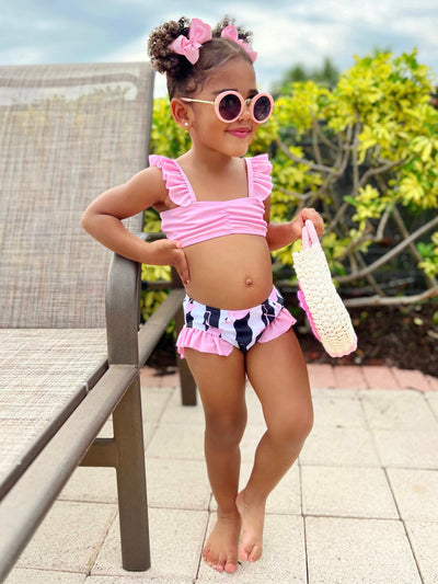 Cute Toddler Swimsuits | Girls Pink Ruched Striped Two Piece Swimsuit