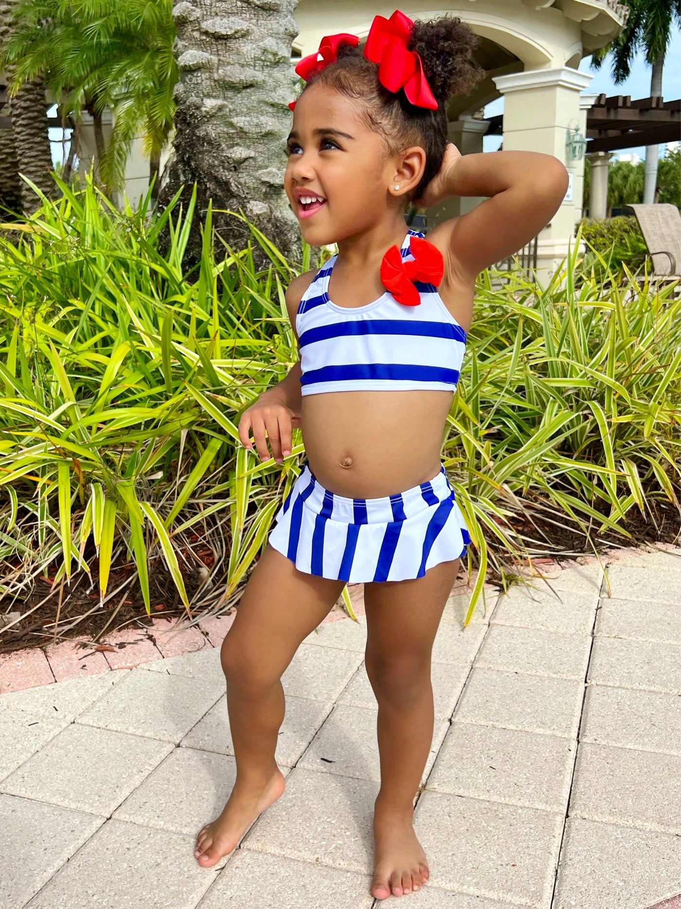 Cute Toddler Swimsuits | Girls Navy Striped Skirted Two Piece Swimsuit