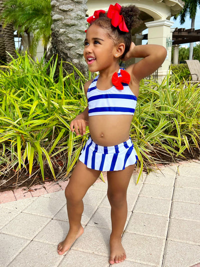 Cute Toddler Swimsuits | Girls Navy Striped Skirted Two Piece Swimsuit